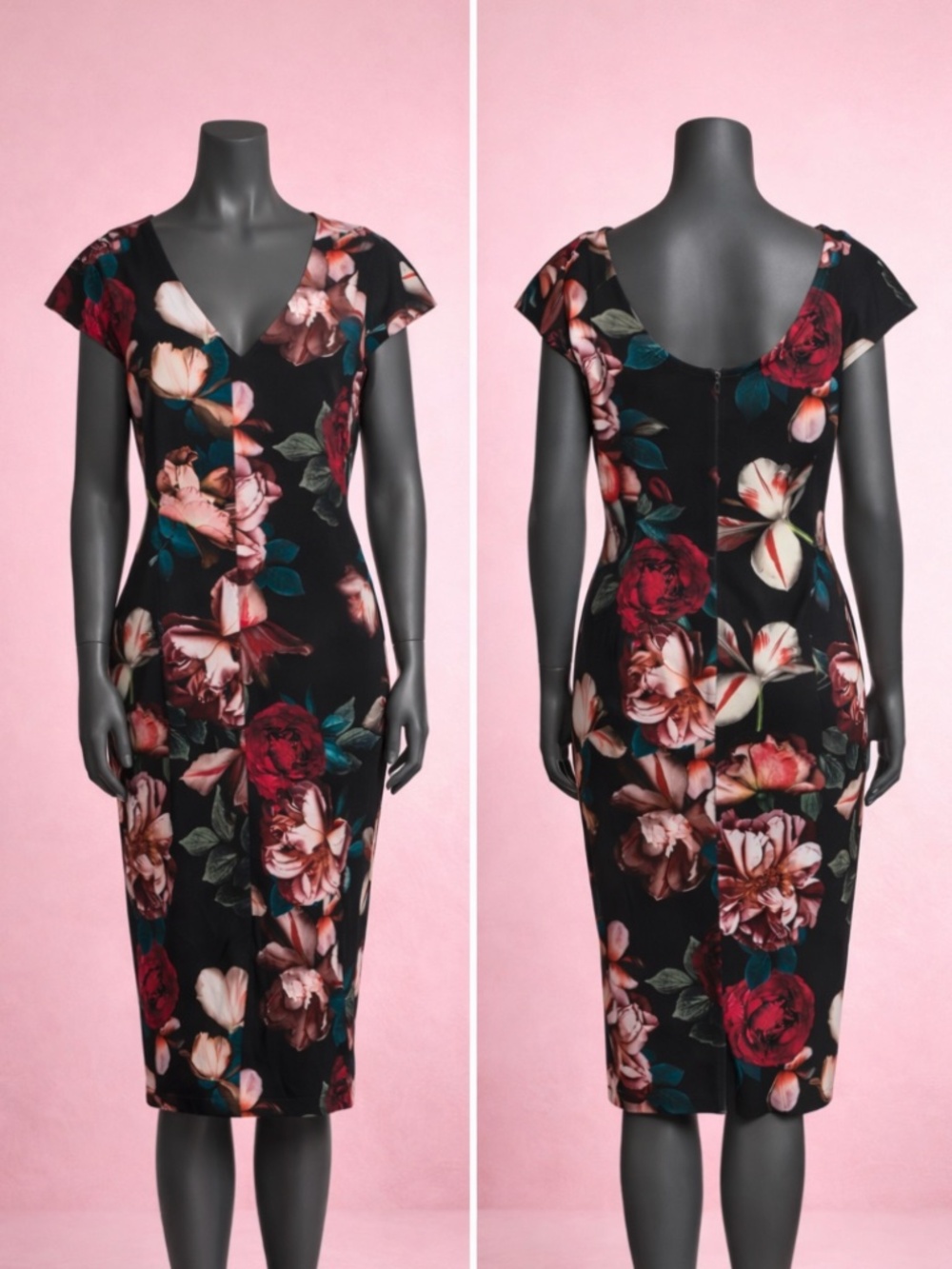 Black Halo Floral Sheath Dress Size L US 12 V-Neck Cap Sleeve Midi Dress